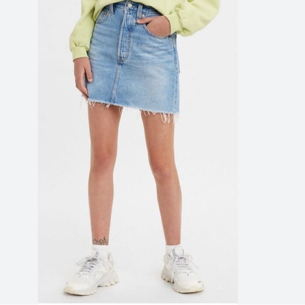 GAP Vintage Jean Denim Mini Skirt Raw Frayed Hem Cotton Pockets Blue Stretch 6